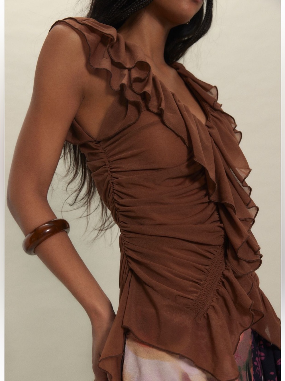 FREE PEOPLE NWT Blythe Ruffle V-Neck Women's Sepia Top